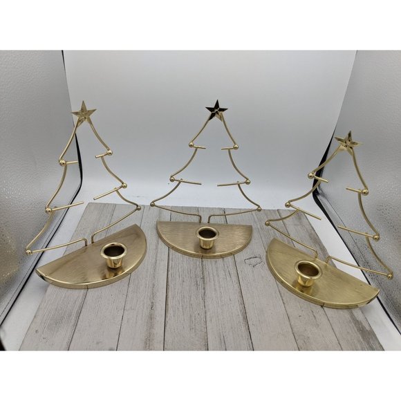 Set 3 Christmas Tree Candlestick Holder Wall Table Decor Metal Gold Brass 8 1/2" - Picture 1 of 7